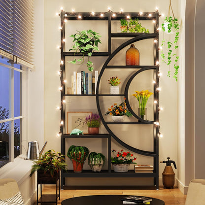 Boekenkast – Boekplank – Boekenrek – Opbergkast – Vakkenkast – Industriële Metalen Frame – 8 Vakken – 179 cm Hoog – Open Geometrisch Design – Zwart/Eikenhouten Planken