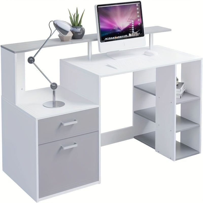 Computertafel – Bureau – Werkplek – Study Desk – Kantoormeubel – Met Geïntegreerde Boekenkast – Ruime Opbergladen – Modern Metaal en Hout – Wit Grijs