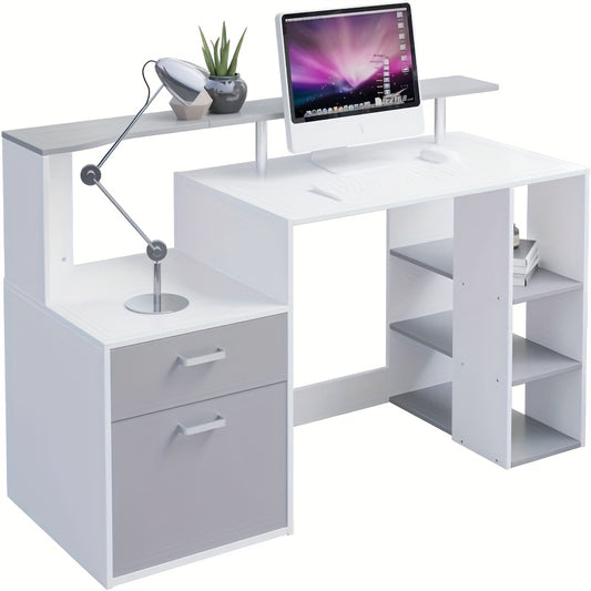 Computertafel – Bureau – Werkplek – Study Desk – Kantoormeubel – Met Geïntegreerde Boekenkast – Ruime Opbergladen – Modern Metaal en Hout – Wit Grijs