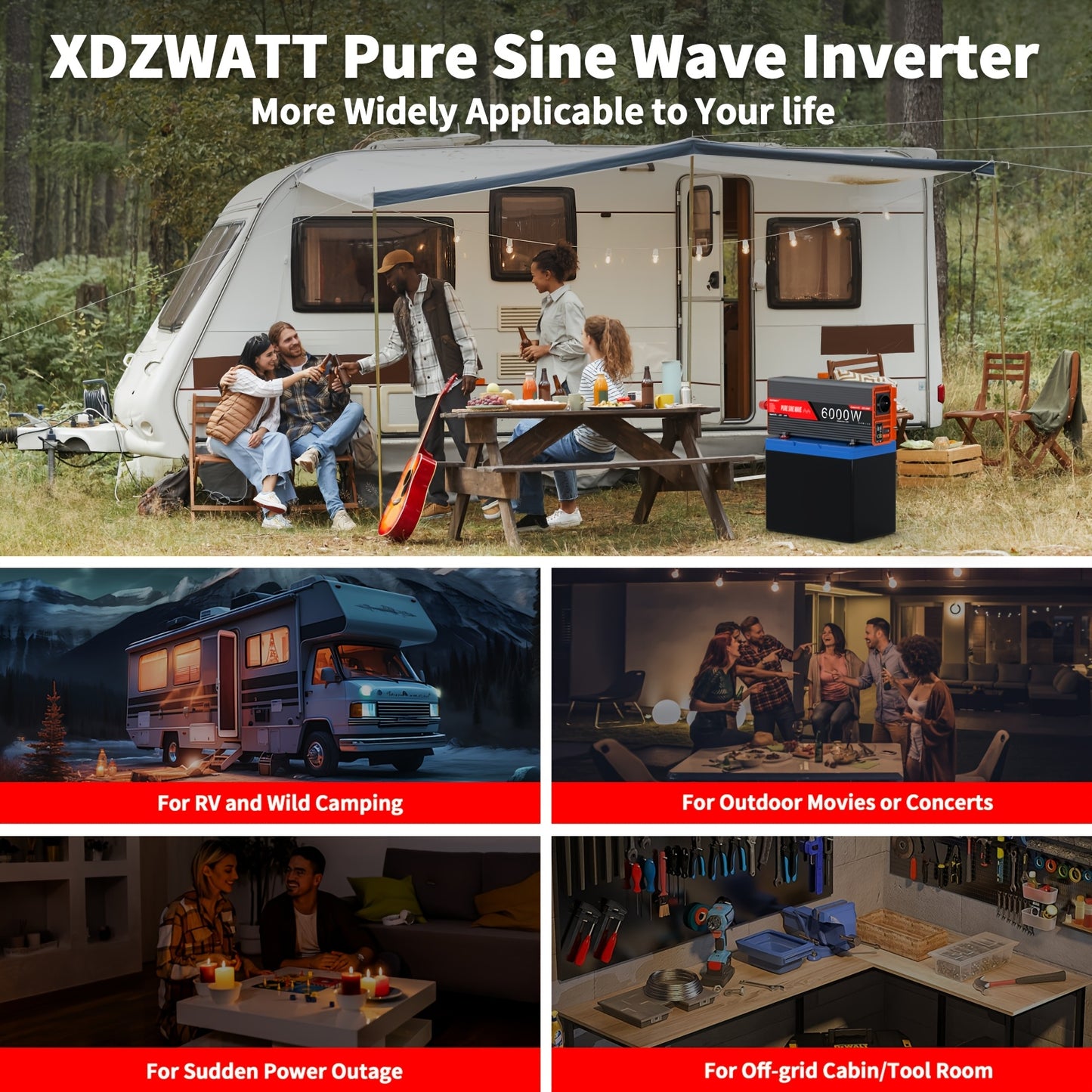 Omvormer – Spanningsomvormer – Power Inverter – Stroomconverter – 12V naar 230V – Pure Sinusgolf – 6000W Piekvermogen – Compact Met LCD Display