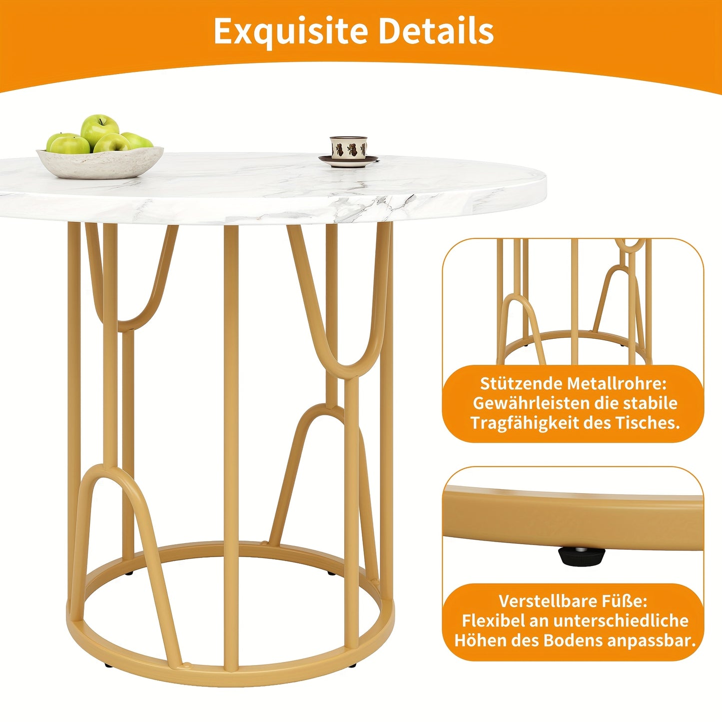 Ronde Eettafel – Ronde Tafel – Eetkamertafel – Salontafel – Bijzettafel – Wit Marmeren Blad – Gouden Poten – 80 cm Diameter – Geschikt Voor 4-6 Personen