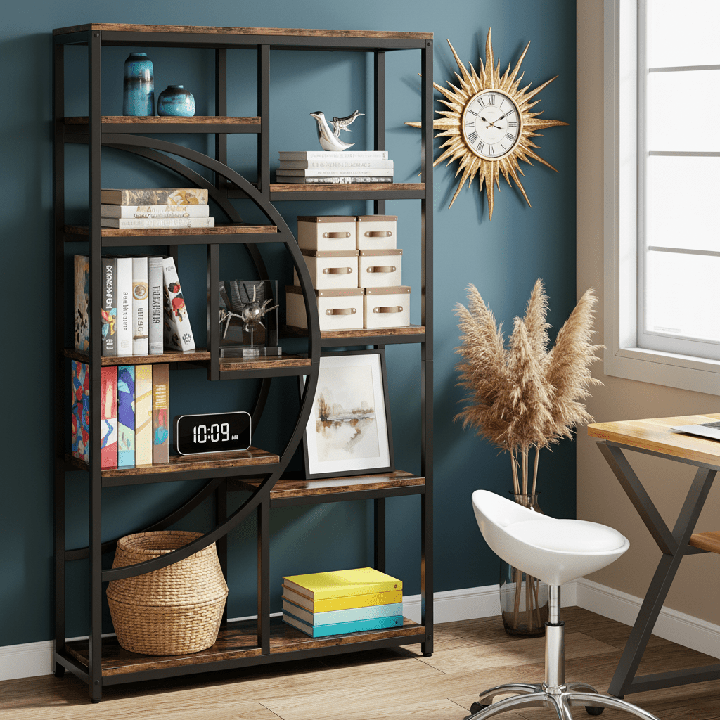 Boekenkast – Boekenrek – Opbergkast – Wandkast – Vakkenkast – Industrieel Design – 9 Open Planken – Robuust Zwart Metalen Frame met Natuurlijke Houtnerf