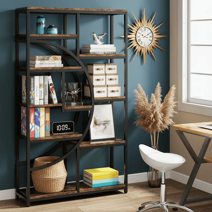 Boekenkast – Boekenrek – Opbergkast – Wandkast – Vakkenkast – Industrieel Design – 9 Open Planken – Robuust Zwart Metalen Frame met Natuurlijke Houtnerf