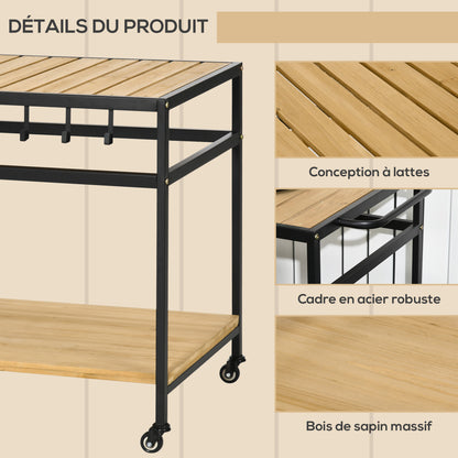 Barbecuewagen – Barbecuetrolley – Grillwagen – BBQ Kar – Serveerwagen – Natuurlijk Hout En Metaal – 2 Ruime Planken & 3 Haken – 107x65x80 cm