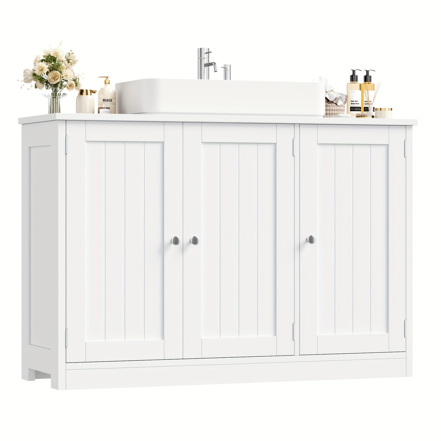 Kealive White 3-Door Modern Bathroom Cabinet with Adjustable Shelves & Doors - Vanity Unit, White, Golden-Toned Knobs, Space-Saving Storage for Bathrooms, Easy Assembly (Fits Small/Large Bathrooms)