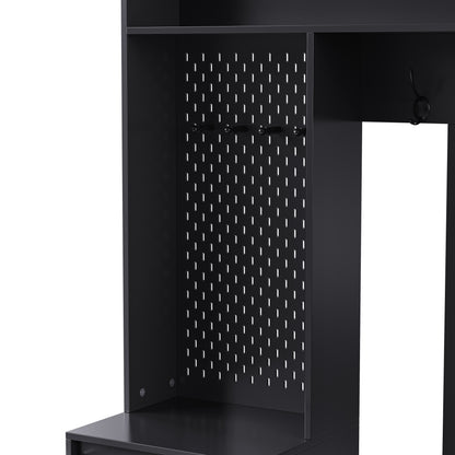 Halmeubel – Kapstok – Schoenenrek – Opbergkast – Zitbank – 6-in-1 Multifunctioneel – Mat Zwart MDF – 100x35x180 cm – Kantelbeveiliging