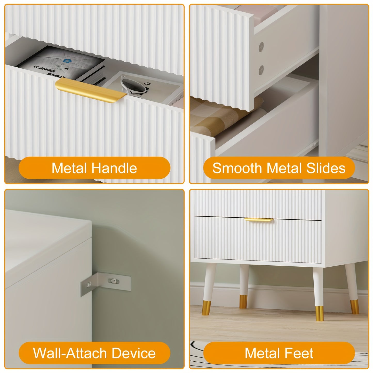 Commode – Ladekast – Dressoir – Kast – Nachtkastje – Wit – Gouden Accenten – 4 Lades – Compact & Ruimtebesparend