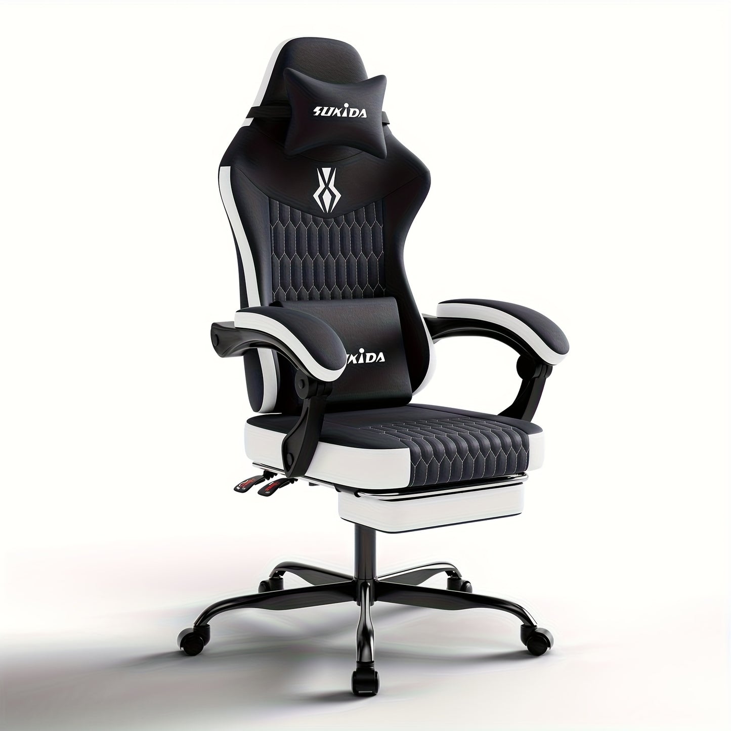 Gamingstoel – Gamestoel – Gaming Chair – Game Stoel – Bureaustoel – Ergonomisch Design – Verstelbare Hoogte & Rugleuning – Voetsteun & Lendensteun – Zwart/Wit