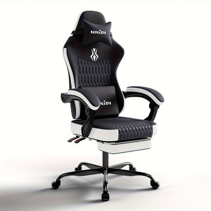 Gamingstoel – Gamestoel – Gaming Chair – Game Stoel – Bureaustoel – Ergonomisch Design – Verstelbare Hoogte & Rugleuning – Voetsteun & Lendensteun – Zwart/Wit