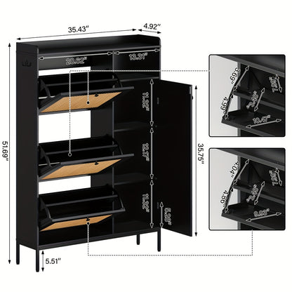 Schoenenkast – Schoenopberger – Schoenrek – Schoenmeubel – Schoenorganizer – Rattan 3-Ladenkast – Verstelbare Planken – Standaard Vrijstaand – MDF & Hout – Geen Montage Nodig