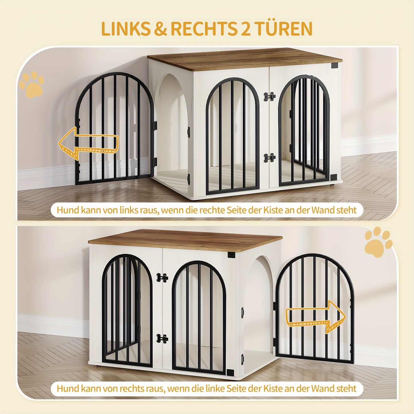 Hondenbench – Hondenkooi – Hondenhok – Dierbench – Huisdierenkooi – Ontsnappingsbestendig & Anti-Knauw – 3 Deuren & Multifunctioneel – Wit/Bruin – 56x80x61 cm
