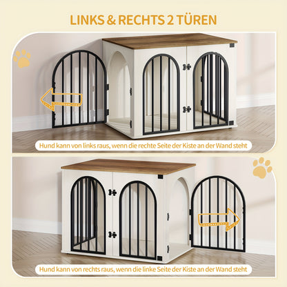 Hondenbench – Hondenkooi – Hondenhok – Dierbench – Huisdierenkooi – Ontsnappingsbestendig & Anti-Knauw – 3 Deuren & Multifunctioneel – Wit/Bruin – 56x80x61 cm