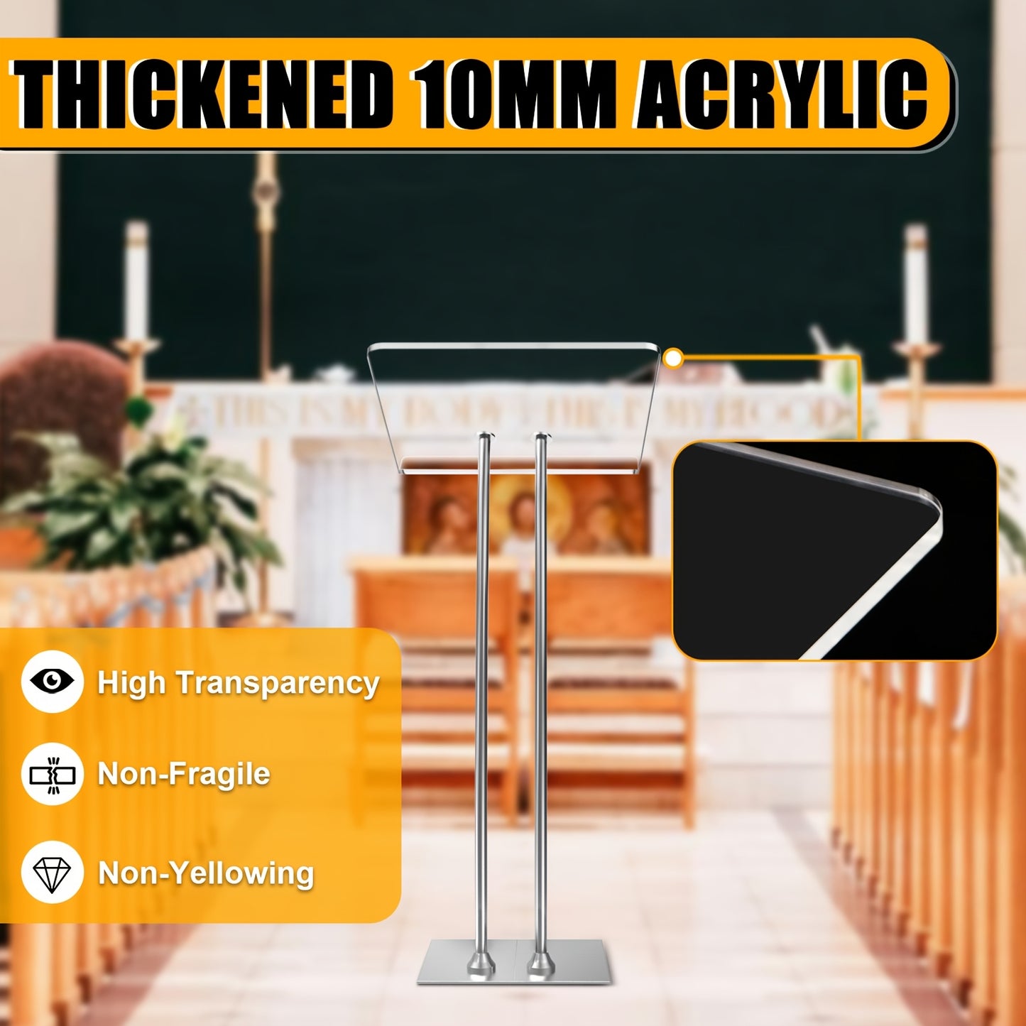 Spreekgestoelte – Lessenaar – Podium – Lectern – Presentatietafel – Verstelbaar Hoogte – Dik 10mm Acrylblad – Stevig IJzeren Onderstel