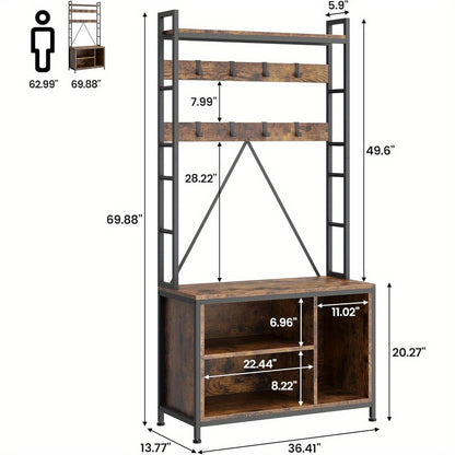 5-in-1 Halmeubel – Kapstok – Schoenenrek – Opbergmeubel – Zitbank – Stevig Metalen Frame – 17 Haken & 2 Lades – Rustiek Bruin – Vrijstaand Design