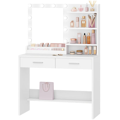 Kaptafel – Make-up Tafel – Opmaktafel – Visagietafel – Beautytafel – Met Spiegel en LED Verlichting – 2 Lades en 4 Open Vakken – Modern Wit – 3 Lichtstanden