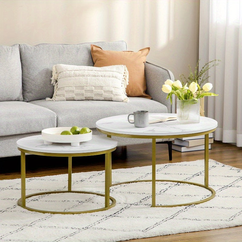 Ronde Bijzettafel – Salontafel – Eettafel – Accenttafel – Tafeltje – Stalen Frame – Marmerlook Wit – 30kg Draagkracht – Stapelbaar 2-delig Set