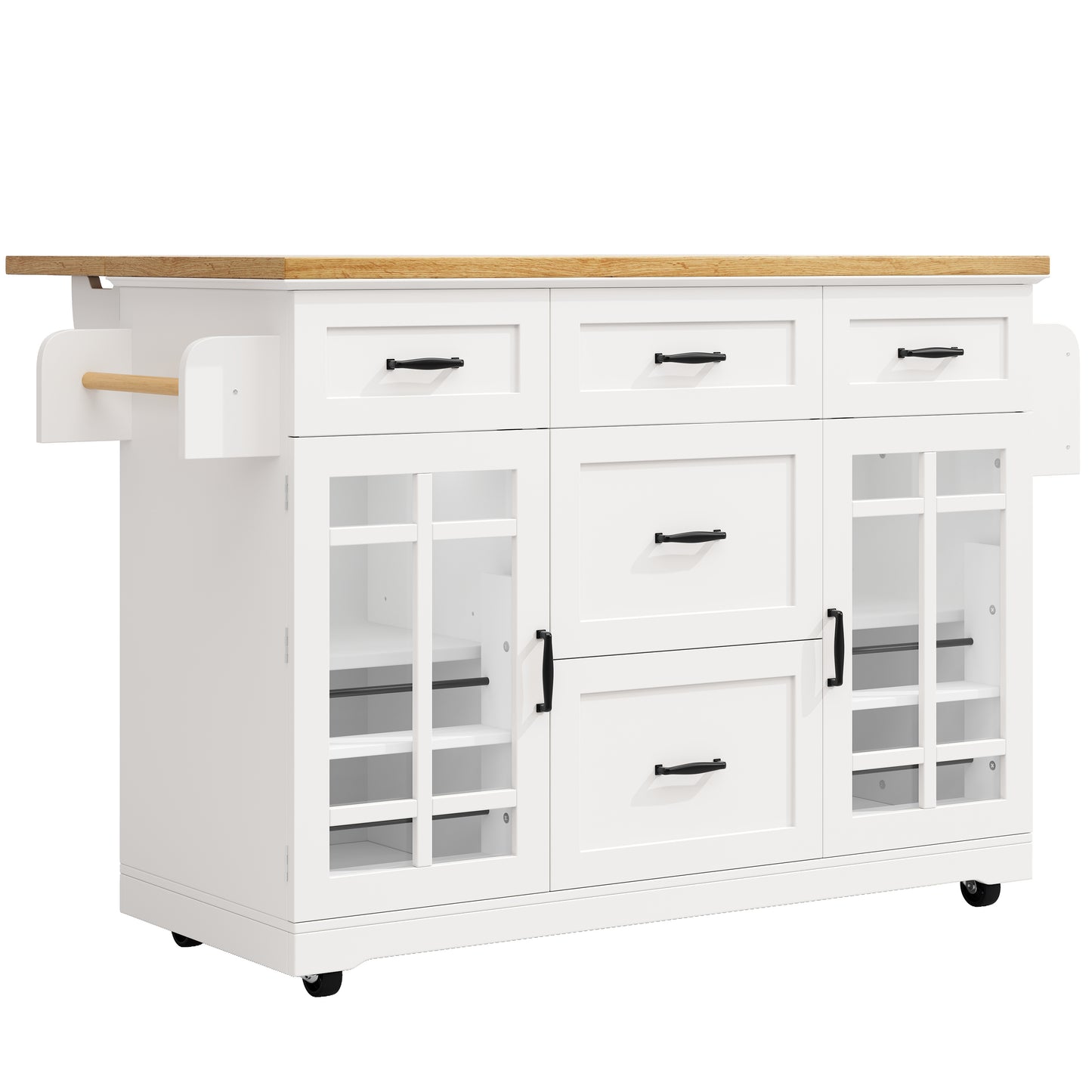 Keukeneiland – Keukentrolley – Keukenkast – Buffetkast – Serveerwagen – 5 Laden – Verstelbare Legplanken – Glazen Deuren – Houten Werkblad – Wieltjes – Wit – 140x40(63,5)x95 cm