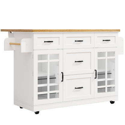 Keukeneiland – Keukentrolley – Keukenkast – Buffetkast – Serveerwagen – 5 Laden – Verstelbare Legplanken – Glazen Deuren – Houten Werkblad – Wieltjes – Wit – 140x40(63,5)x95 cm