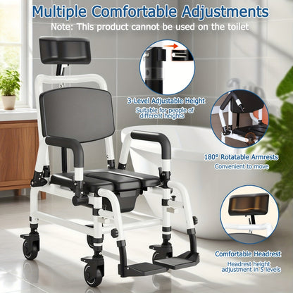 Douchestoel – Douchestoel Met Wielen – Douchekruk – Mobiele Douchestoel – Recliner Douchestoel – Aluminium Frame – Verstelbare Rugleuning & Hoofdsteun – Zwart