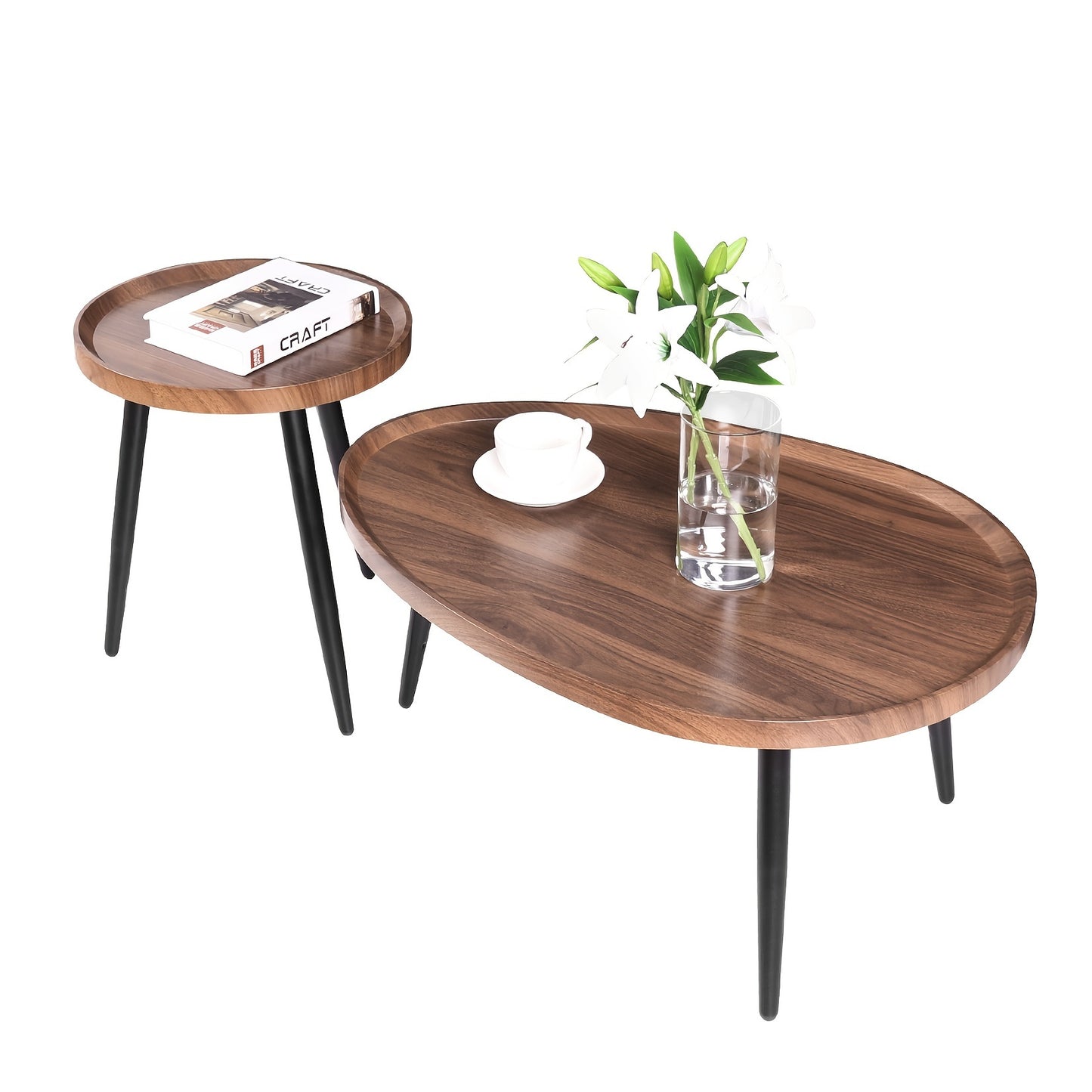 Bijzettafel – Salontafel – Side Table – Nachtkastje – Banktafel – Set van 2 – Industrieel Design – Walnootkleurig Tafelblad Met Zwart Metalen Onderstel