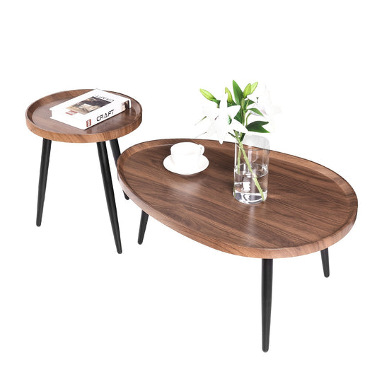 Bijzettafel – Salontafel – Side Table – Nachtkastje – Banktafel – Set van 2 – Industrieel Design – Walnootkleurig Tafelblad Met Zwart Metalen Onderstel