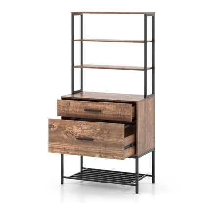 Archiefkast – Filekast – Kantoorrek – Documentenkast – Ladenkast – Vintage Bruin – 3 Open Planken – 2 Grote Laden Voor Hangmappen