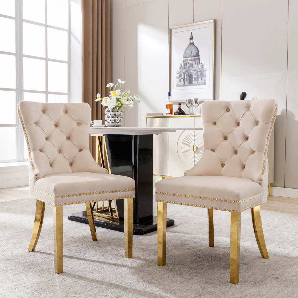 Eetkamerstoelen – Stoelen – Kuipstoelen – Keukenstoelen – Dining Chairs – Set van 2 – Beige Velvet Bekleding – Gouden Metalen Poten met Nagelrand