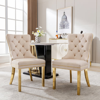 Eetkamerstoelen – Stoelen – Kuipstoelen – Keukenstoelen – Dining Chairs – Set van 2 – Beige Velvet Bekleding – Gouden Metalen Poten met Nagelrand