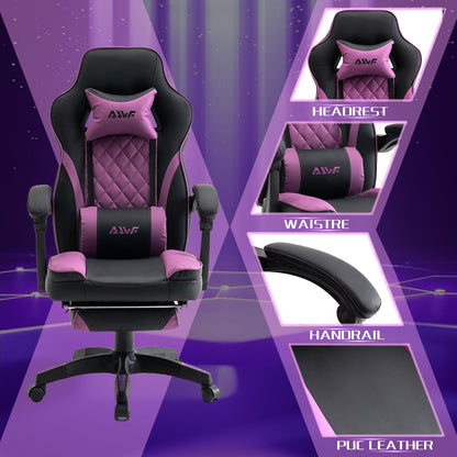 Gamingstoel – Gamestoel – Gaming Chair – Bureaustoel – Game Stoel – Ergonomisch Design – Verstelbare Rugleuning & Lendensteun – Zwart met Paarse Accenten