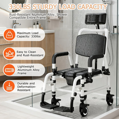 Reclining Shower Chair With Wheels, Mobile Shower Chair With Thickened Soft Seat Cushion, Backrest And Flip-up Armrests, Extra-wide Seat, 90°-140° Adjustable Tilt Bedside Commode Chair, Suitable For The Elderly And Disabled