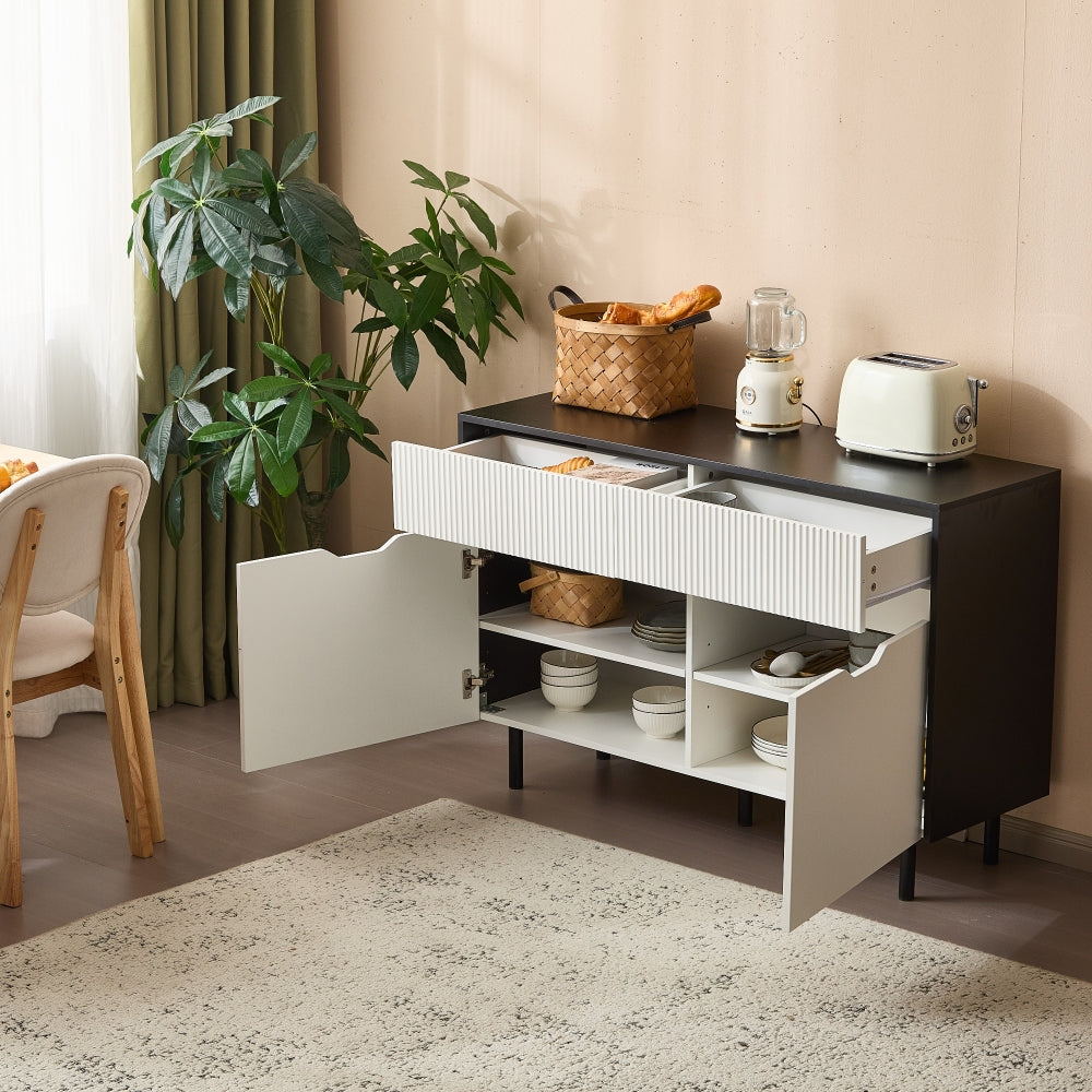 120cm/47-inch Modern White & Black Metal Storage Cabinet with Slotted Drawers & Adjustable Shelves - Heavy-Duty Freestanding 2-Door Hallway, Kitchen, Living Room, Dining Room Organizer - Easy Assembly (Non-Wood) Tall Shelving