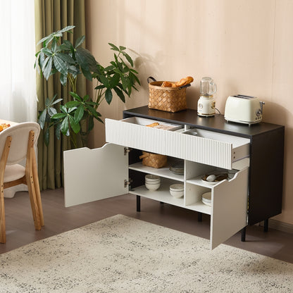 120cm/47-inch Modern White & Black Metal Storage Cabinet with Slotted Drawers & Adjustable Shelves - Heavy-Duty Freestanding 2-Door Hallway, Kitchen, Living Room, Dining Room Organizer - Easy Assembly (Non-Wood) Tall Shelving