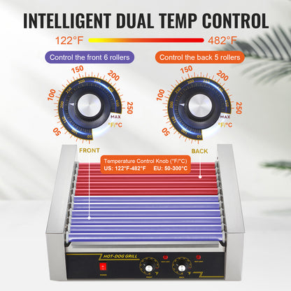 Hotdog Grill – Hotdog Roller – Worstjes Grill – Snackgrill – Elektrische Hotdog Maker – 11 Rollers Voor 30 Hotdogs – Professioneel RVS Met Temperatuurregeling Tot 250°C