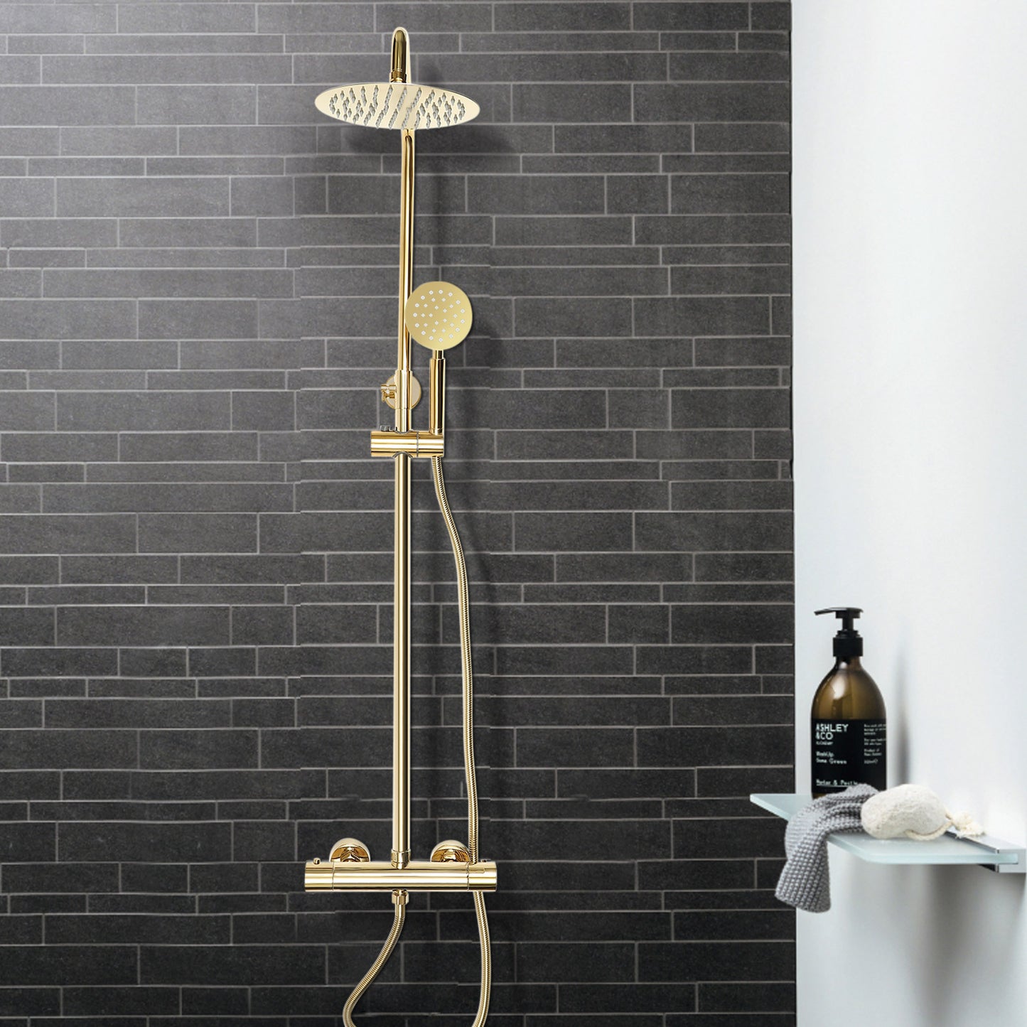 Doucheset – Regendouche – Thermostaatkraan – Handdouche – Glijstang – Gouden Afwerking – 20 cm Hoofddouche – 304 Roestvrij Staal