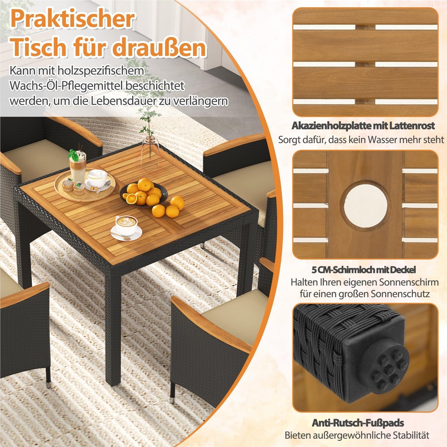 Rattan Tuinmeubelset – Tuinset – Buitenmeubilair – Terrasmeubels – Tuinmeubelen – 5-delig voor 4 Personen – Acaciahouten Tafelblad – Inclusief Parasolopening