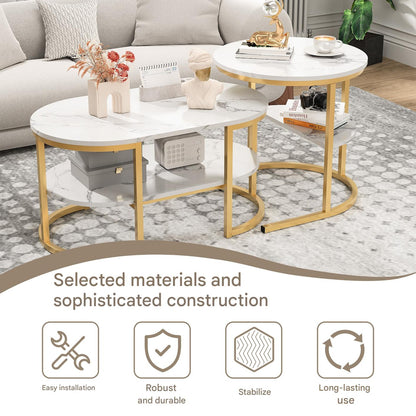 Salontafel – Bijzettafel – Woonkamertafel – Koffietafel – Tafel – 2-in-1 Set – Gouden Metalen Frame – Kunstmarmeren Blad