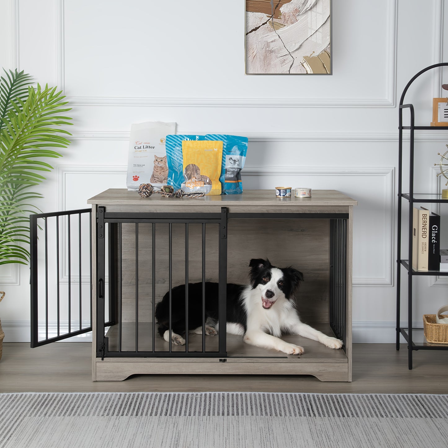 Hondenbench – Hondenkooi – Hondenkist – Hondenren – Hondenhok – Modern Licht Ivoor – Schuifdeuren Met Dubbel Sluitsysteem – Stevig Antiknaagsysteem – Geschikt Voor Kleine Tot Grote Honden – 60x100x68 cm – Hout En Staal