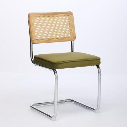 Two-piece Medieval-modern Dining Chair Set | Velvet Upholstered Seats, Natural Rattan Backrests, Stainless Steel Chrome-plated Base in Olive Green, Classic Style, Spot-clean Care