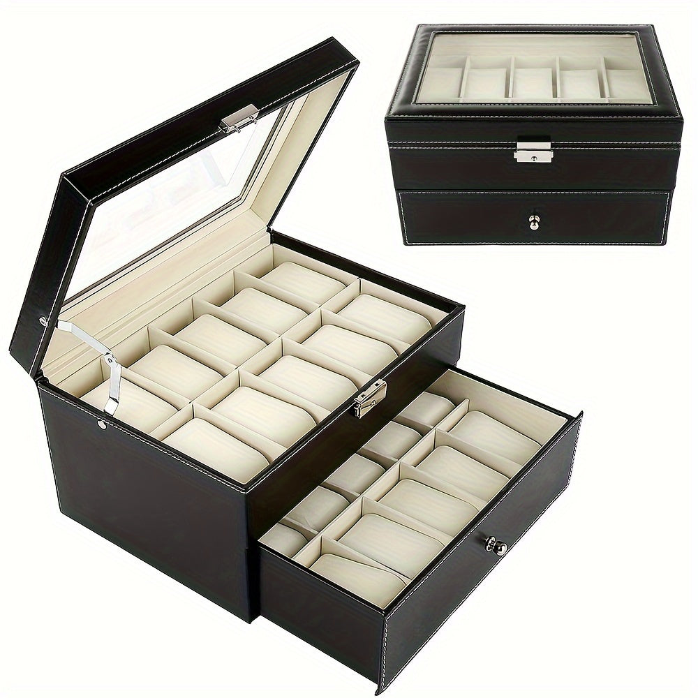 20 Slot Watch Box with Lock, Double Layer PU Watch Case Organiser Display with Glass Top, 29x21x17cm Storage for Men Women (Black), Large Watch Box, Watches Case Storage for Women, Watch Box for Men, Watch Storage Case, Watch