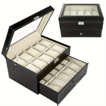 Horlogedoos – Horlogebox – Horloge Opbergdoos – Watch Box – Sieradendoos – 20 Vakken – PU Leer Met Slot – Fluwelen Voering & Glazen Deksel – 29x21x17 cm