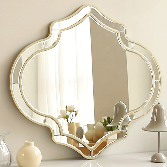 Contemporary Decorative Wall Mirror: Oversized Silver Glass Scalloped Vanity Mirror for Bedrooms, Featuring a Distinctive Art Beveled Golden Edge Frame, Ideal for Hanging in Living Rooms, Dining Rooms, And Hallways.