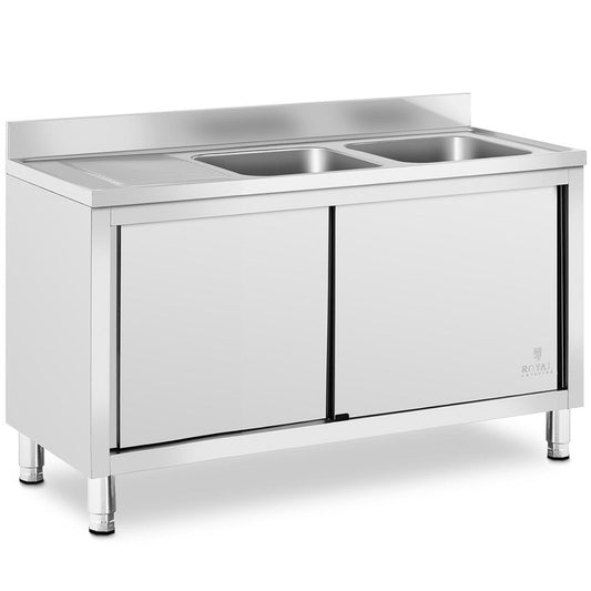Spoelbak – Gootsteen – Wasbak – Keukenspoelbak – Spoelbakken – Dubbele Compartimenten – RVS – Onderkast Met Schuifdeuren – 140 x 70 x 95 cm – Verstelbare Pooten