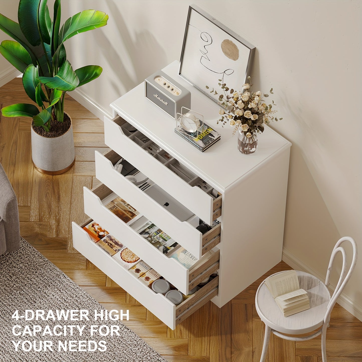 Witte 4-Ladenkast – Opbergkast – Ladekast – Dressoir – Bergkast – Stabiele Houten Constructie – Ruime 3,2+ Cu Ft Opbergruimte