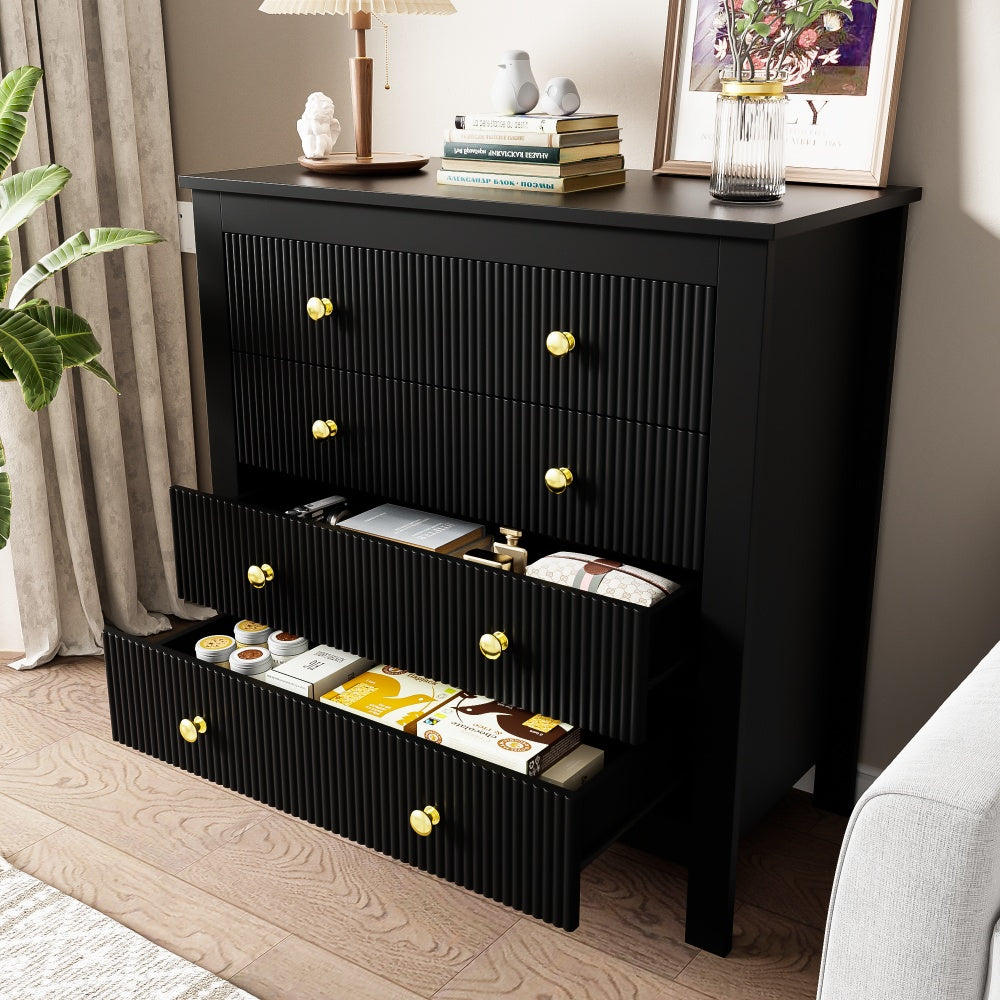 Modern Black Metal Sideboard with Golden-Toned Doors & 4-Drawer Front Cabinet - Heavy-Duty Non-Wood Storage Dresser, Shoe Cabinet for Living Room, Bedroom, Kitchen - -Standing Furniture (≥68.58cm Height, ≥5-Section Assemb