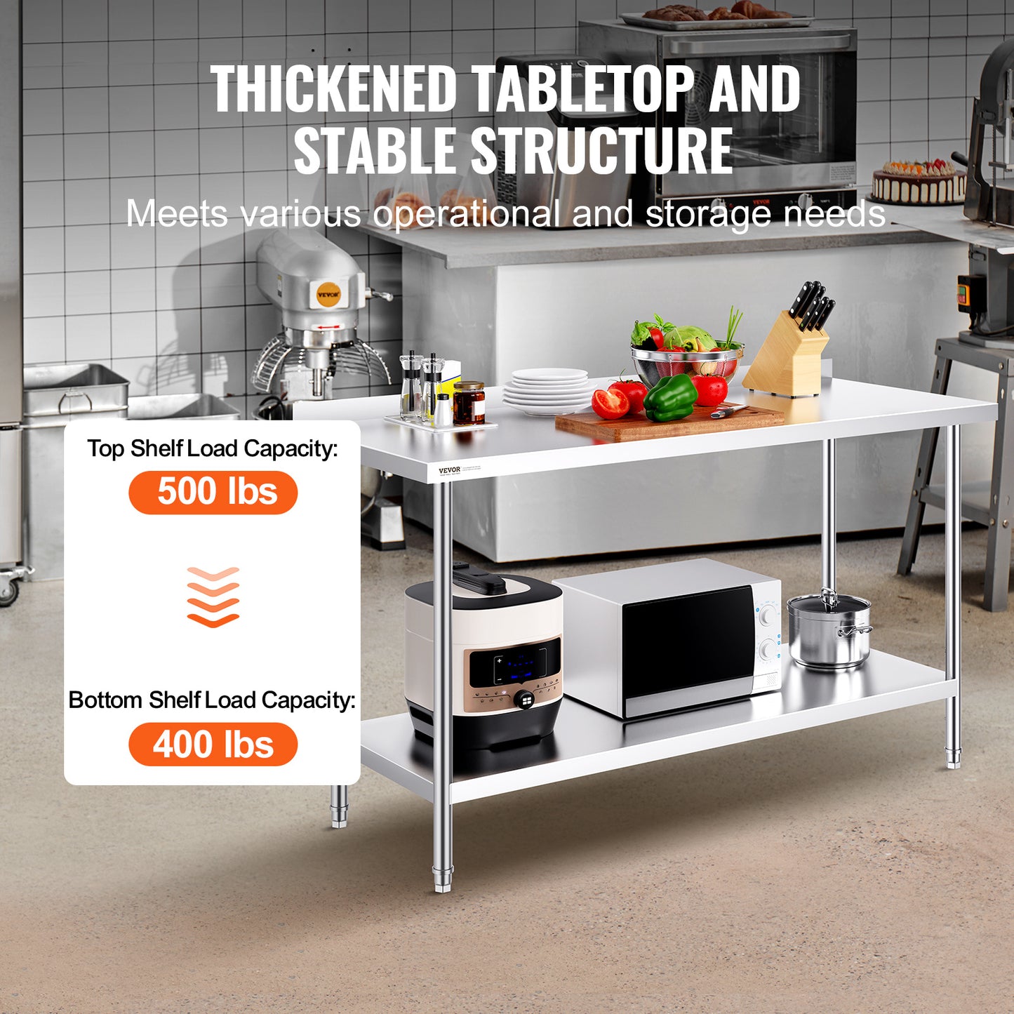 Werktafel RVS – RVS Tafel – Roestvrijstalen Werkbank – Keukentafel – Werkblad – 60 x 24 inch – 0,8 mm Dikte Roestvrij Staal – 3 Verstelbare Legplanken