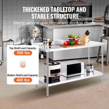 Werktafel RVS – RVS Tafel – Roestvrijstalen Werkbank – Keukentafel – Werkblad – 60 x 24 inch – 0,8 mm Dikte Roestvrij Staal – 3 Verstelbare Legplanken