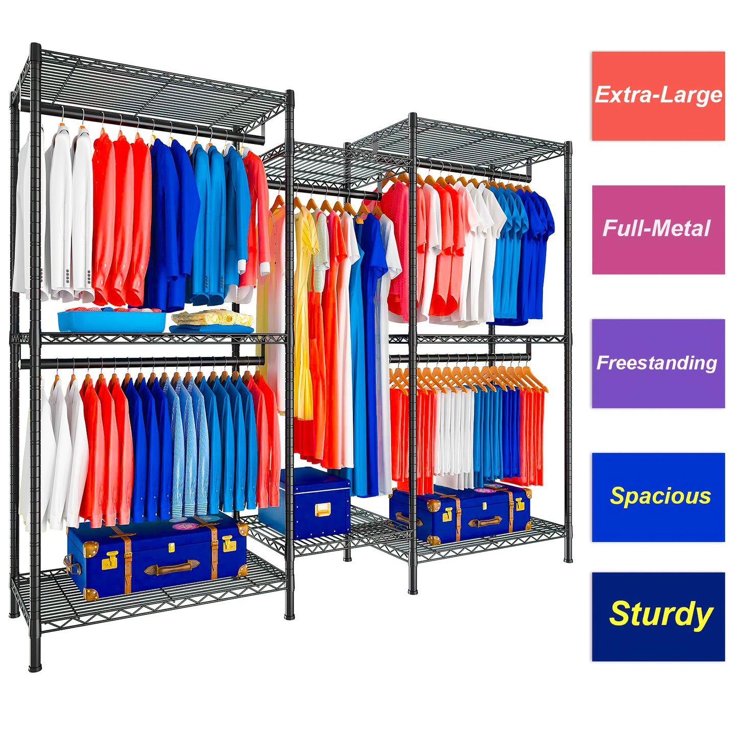 Extra Heavy Duty Kledingrek – Vrijstaand Kledingkast – Kledinghanger – Kledingopberger – Kledingstandaard – 410,5 KG Draagvermogen – Robuust Zwart Roestvrij Stalen Frame