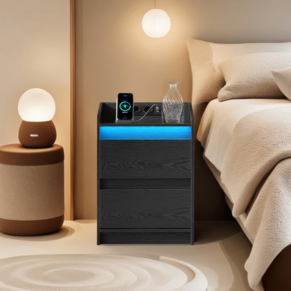 Nachtkastje – Ladekast – Bijzettafel – Opbergkast – Bedkast – Set van 2 – 2 Lades Per Kastje – Inclusief USB Stopcontacten – Zwart Hout – 35x40x58 cm
