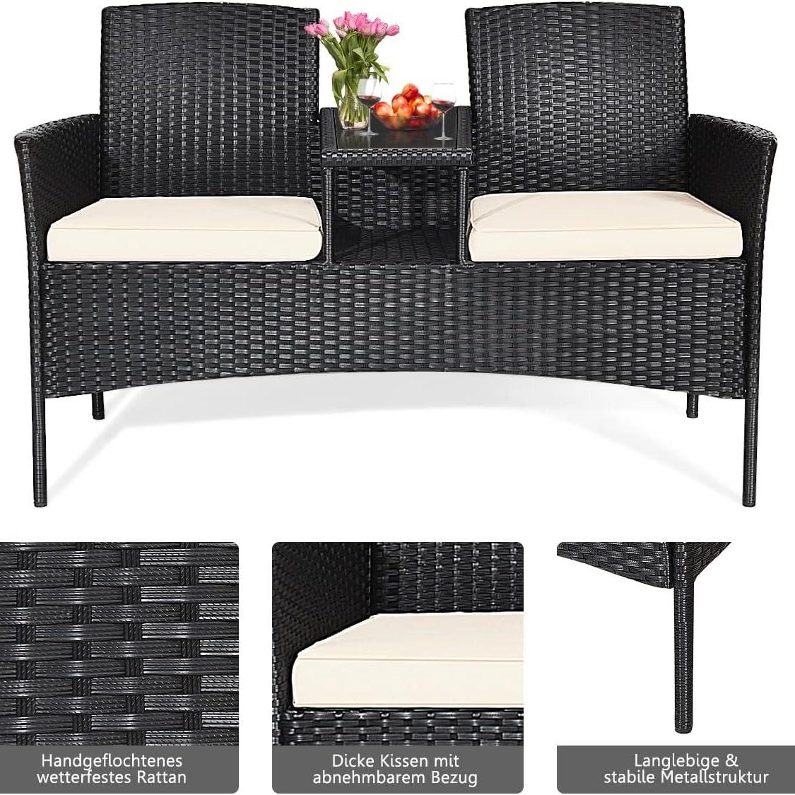 Tuinbank – 2-Persoons Bank – Balkonbank – Buitenbank – Rattan Bank – Inclusief Kussens – Weerbestendig PE-Rattan – Met Ingebouwde Tafel – Wit – 138x61x85 cm