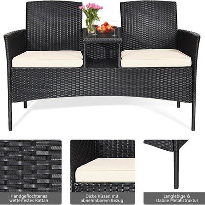 Tuinbank – 2-Persoons Bank – Balkonbank – Buitenbank – Rattan Bank – Inclusief Kussens – Weerbestendig PE-Rattan – Met Ingebouwde Tafel – Wit – 138x61x85 cm